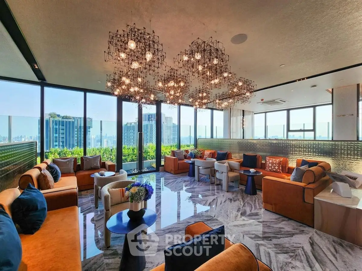 Luxurious living room with panoramic city views and elegant chandeliers