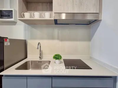 Modern kitchen with sleek countertop, induction stove, and stylish cabinetry.