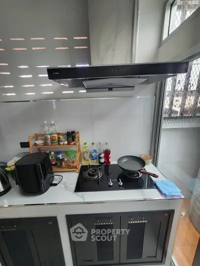 Modern kitchen with sleek gas stove and range hood, featuring organized spice rack and natural light.