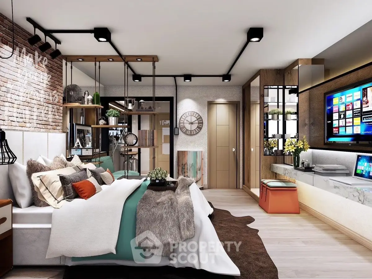 Luxurious modern bedroom with stylish decor and entertainment setup