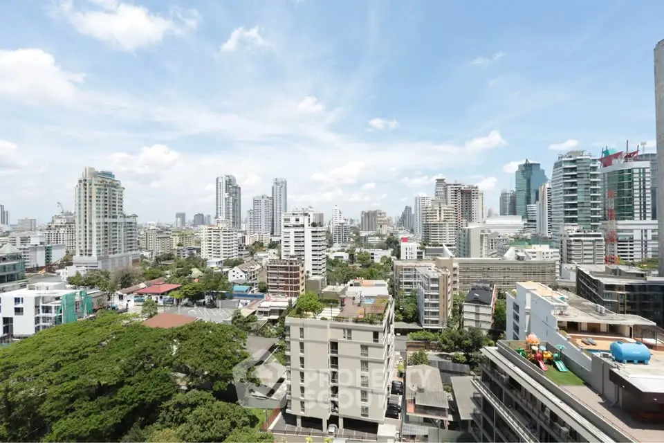 Stunning cityscape view showcasing modern high-rise buildings under a clear blue sky.