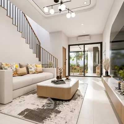 Modern living room with stylish decor and open layout leading to a balcony, featuring elegant furniture and lighting.