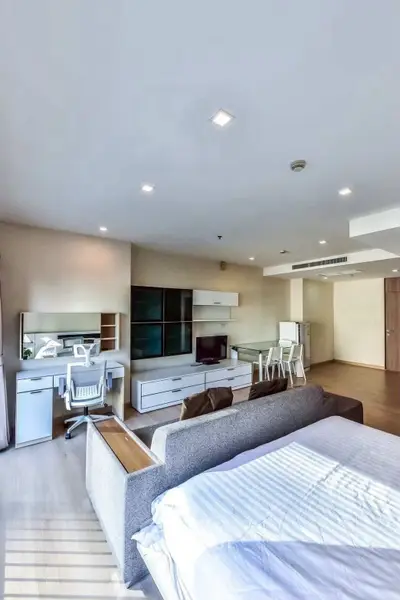 Spacious modern living room with stylish furniture and natural light