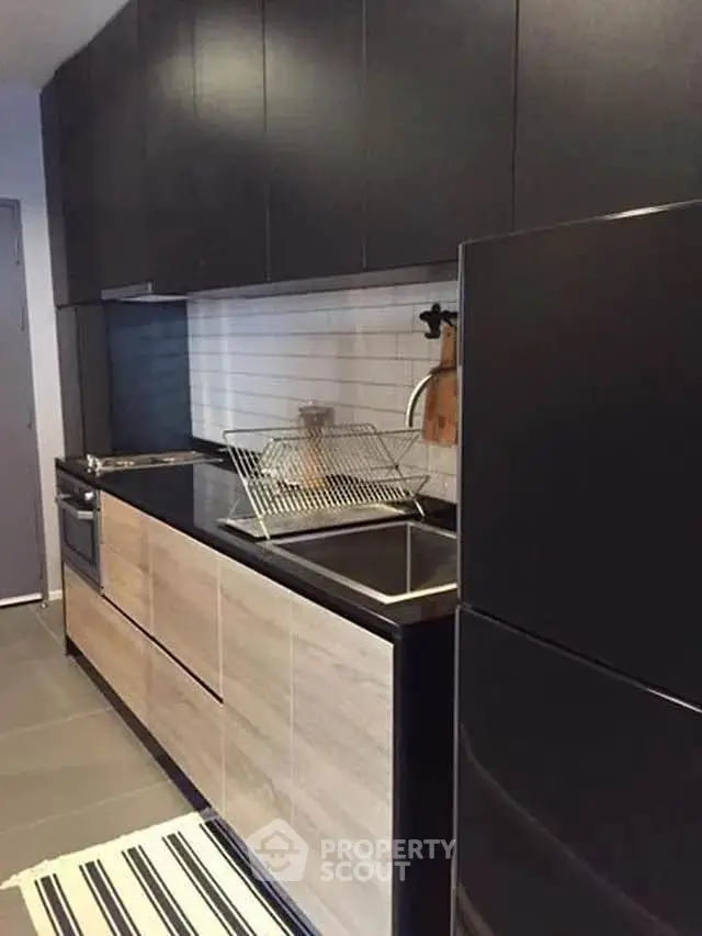 Modern kitchen with sleek black cabinets and stainless steel appliances