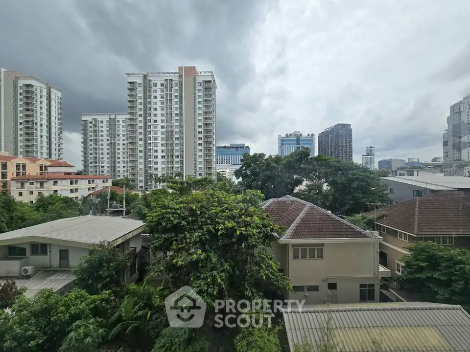 Stunning cityscape view with modern high-rise buildings and lush greenery, perfect for urban living.