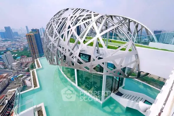 Stunning rooftop with unique architectural design and panoramic city views, featuring a modern pool and lush greenery.
