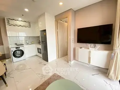 Modern apartment interior with sleek kitchen and cozy living area