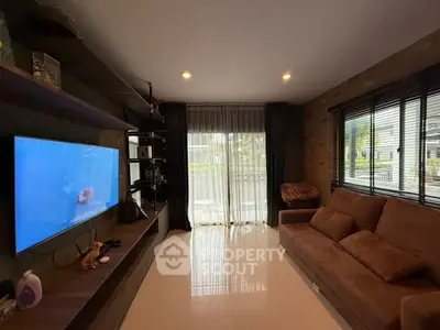 Modern living room with sleek shelving and large window view
