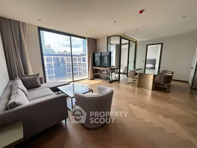 Spacious modern living room with elegant furniture and city view, perfect for urban living.