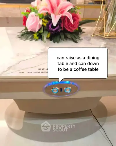 Innovative adjustable table with floral centerpiece, perfect for versatile living spaces.