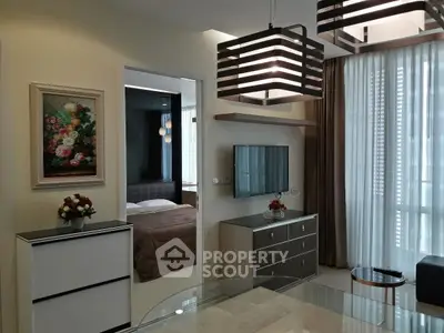 Modern apartment interior with stylish lighting and cozy bedroom view