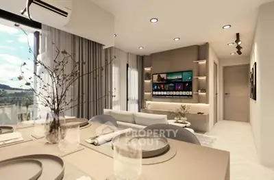 Modern living room with elegant decor and scenic view, featuring a stylish entertainment setup and dining area.