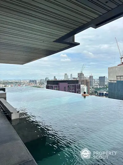 Luxurious rooftop infinity pool with stunning city skyline view