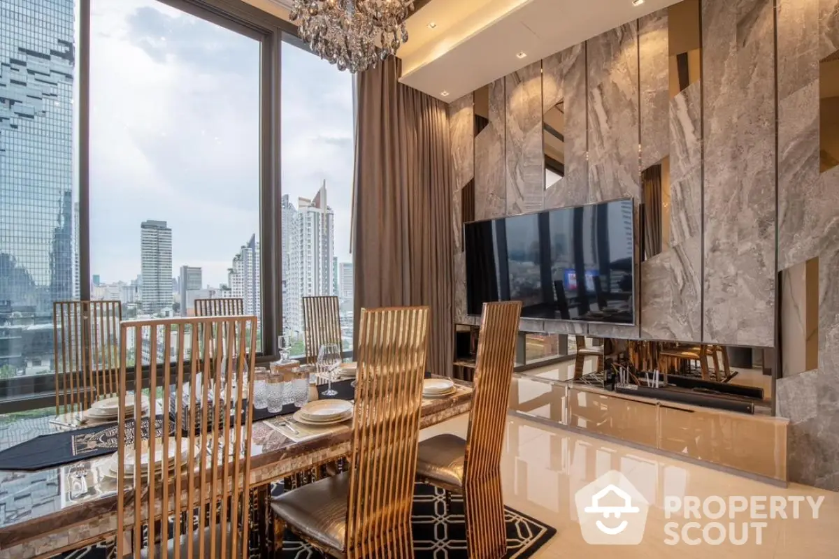 Luxurious dining room with city view, elegant decor, and modern furnishings in high-rise apartment.