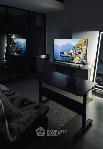 Modern living room with sleek TV setup and stylish decor