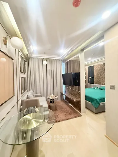 Luxurious modern living room with elegant decor and cozy bedroom view