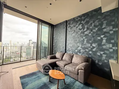 Modern living room with stunning city view and stylish decor