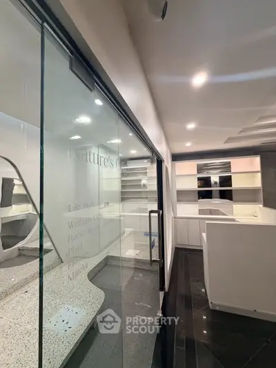 Modern retail space with sleek glass entrance and stylish interior design