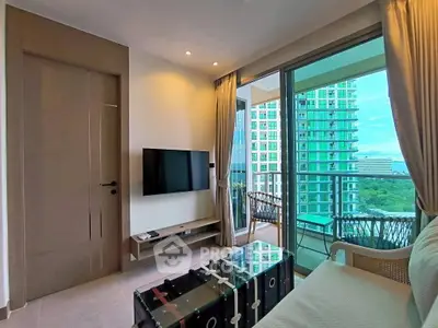 Modern living room with balcony view in high-rise apartment