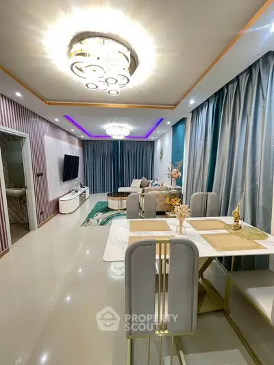Luxurious modern living room with elegant dining area and stylish lighting