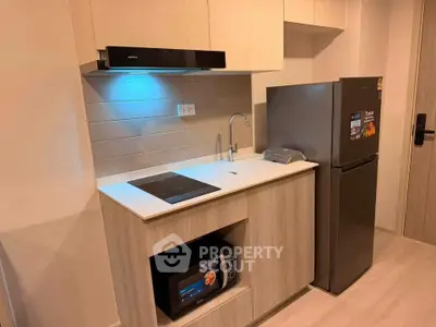 Modern compact kitchen with sleek appliances and stylish cabinetry in a cozy apartment.
