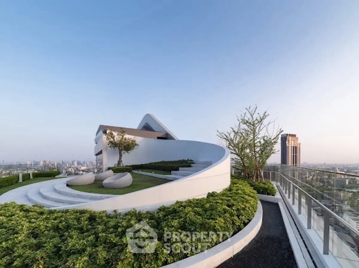 Stunning rooftop garden with panoramic city views and modern architectural design.