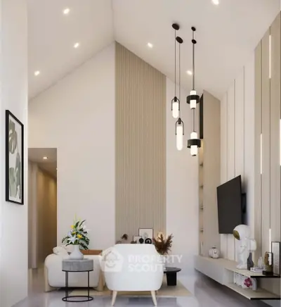 Modern living room with high ceiling and stylish lighting