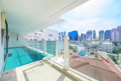 Luxurious balcony with private pool and stunning city skyline view