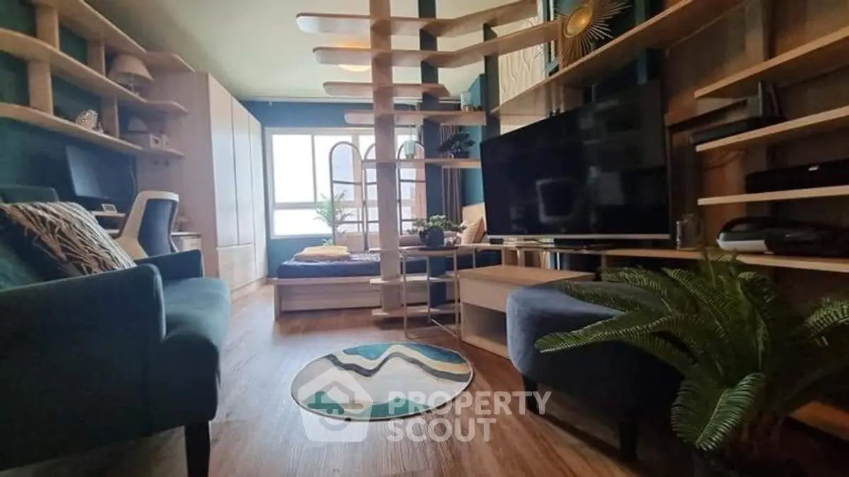 Stylish modern living room with unique shelving and cozy seating area