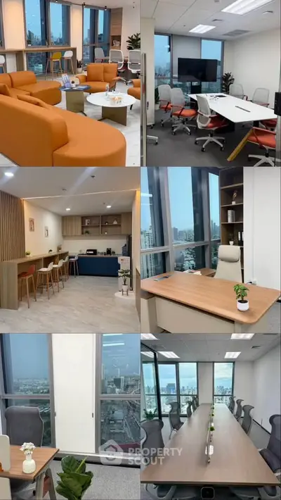 Modern office space with stylish furniture, large windows, and city views, ideal for professional work environment.