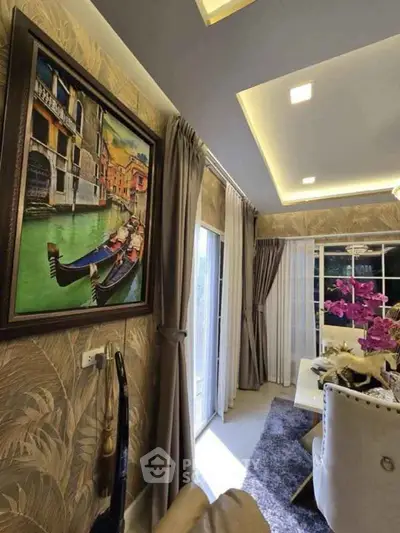 Elegant dining area with artistic decor and modern lighting