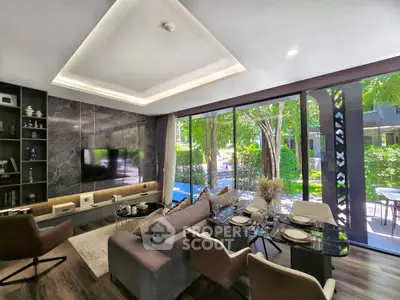 Luxurious modern living room with elegant dining area and large windows overlooking lush greenery.