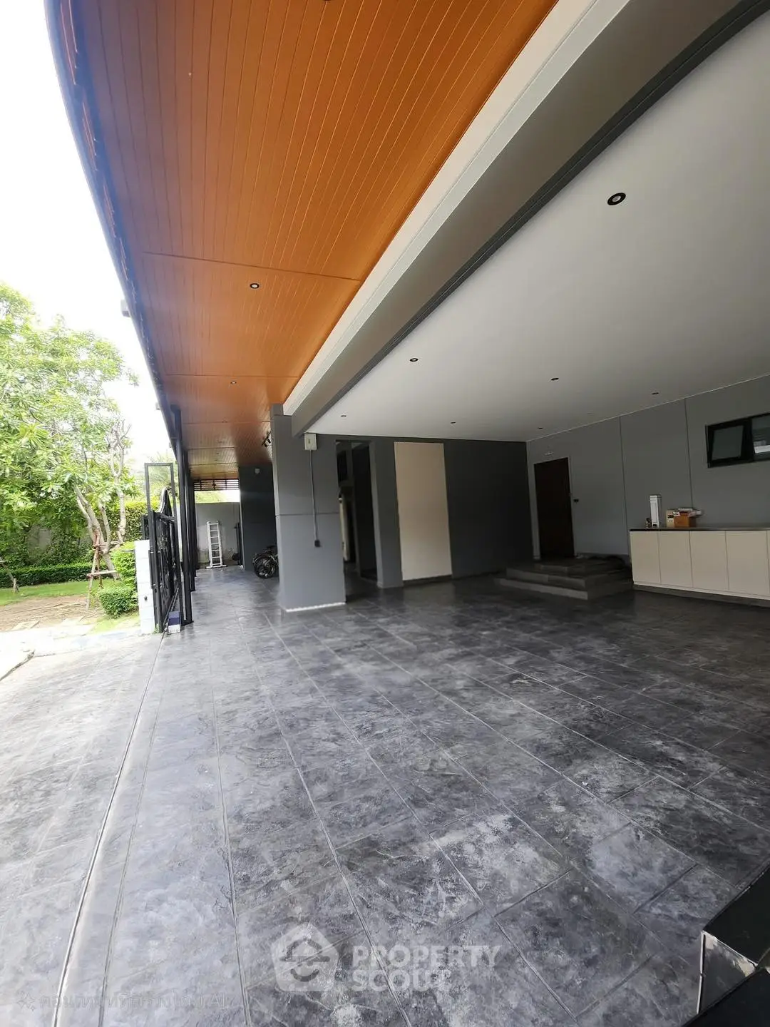 Spacious modern garage with sleek design and ample parking space