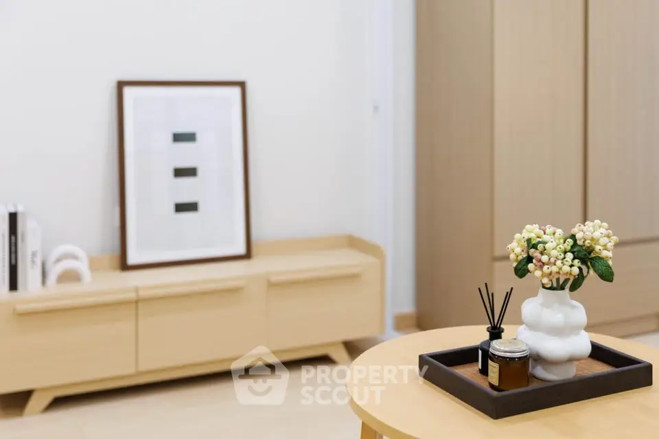 Minimalist living room with modern decor and wooden furniture