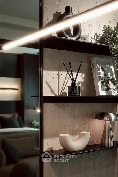 Stylish modern living room with elegant decor and ambient lighting