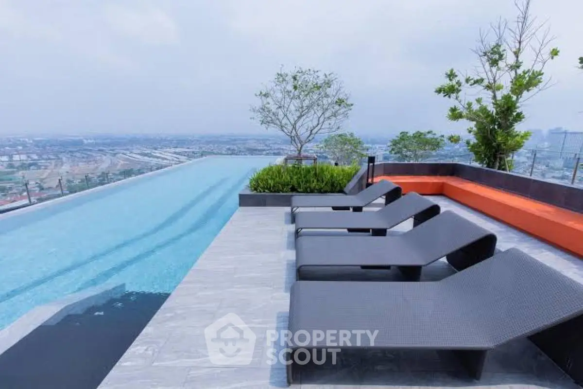 Luxurious rooftop infinity pool with stunning city view and modern lounge chairs.