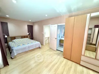 Spacious bedroom with modern decor and ample natural light