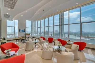 Luxurious high-rise lounge with panoramic city views and modern seating.