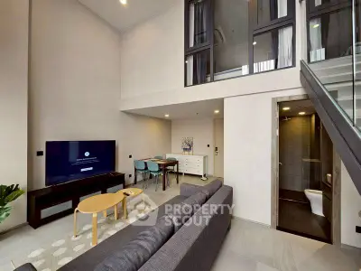 Modern loft apartment with stylish living room and mezzanine level