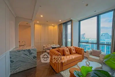 Luxurious living room with stunning city view and elegant furnishings