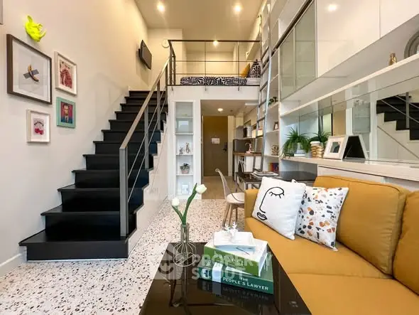 Modern loft-style living room with mezzanine and stylish decor