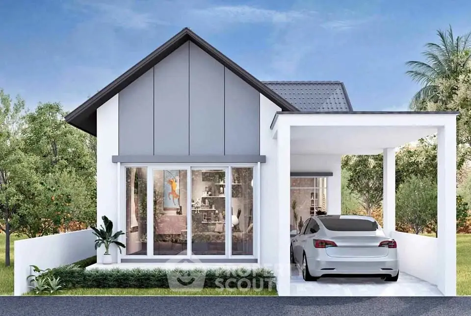 Modern single-story house with sleek design and carport in lush green setting.