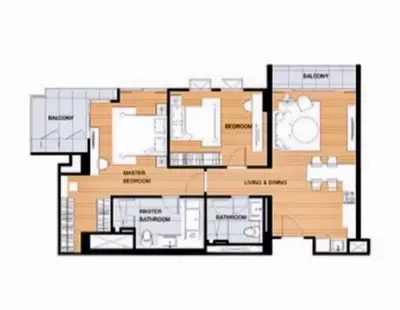 Modern apartment floor plan with spacious living and dining area, two bedrooms, and two balconies.