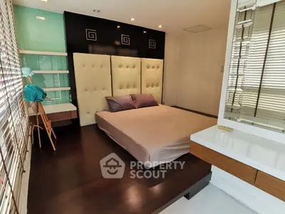 Modern bedroom with stylish decor and wooden flooring, featuring a cozy bed and ample natural light.