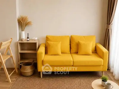 Charming living room with vibrant yellow sofa and natural decor accents