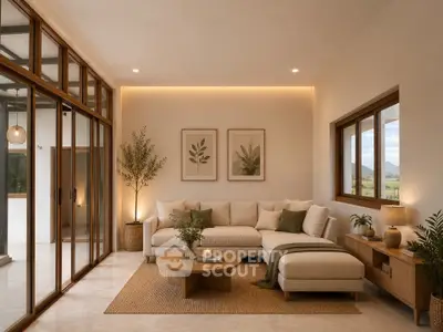Spacious living room with modern decor and large windows offering scenic views.
