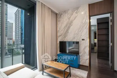 Modern living room with city view and stylish decor
